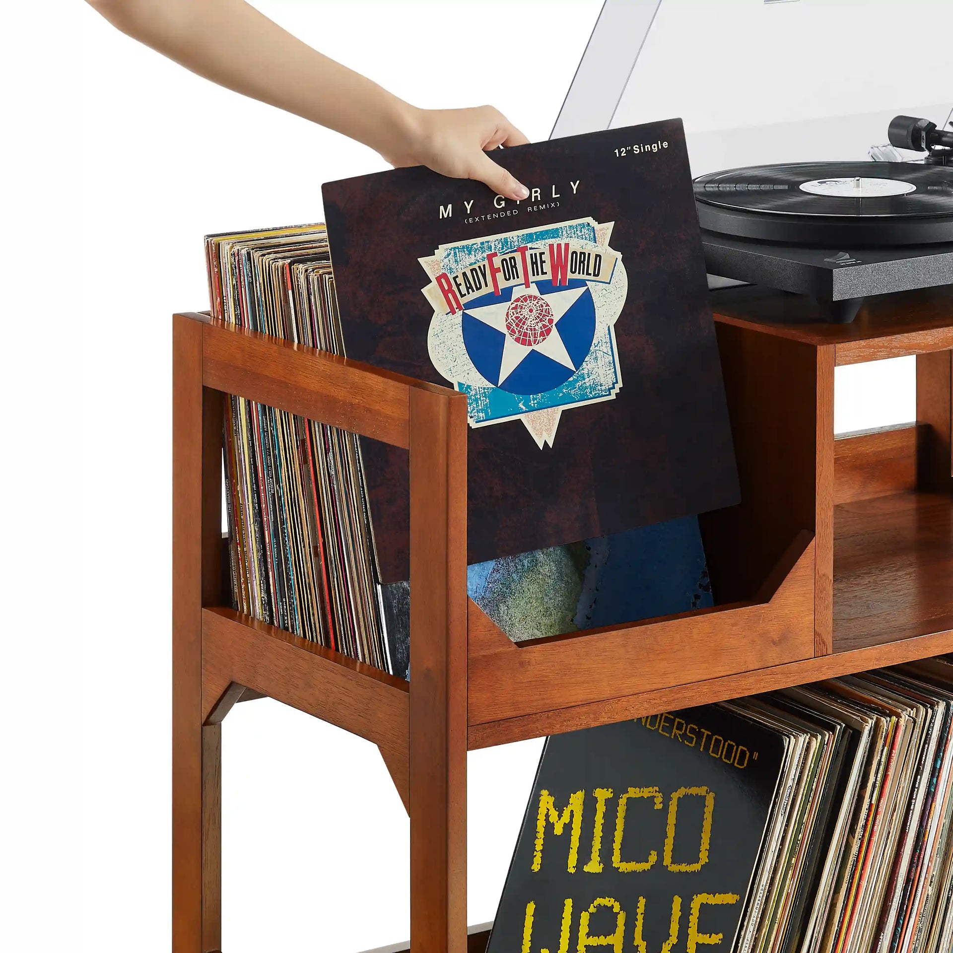 Crosley Asheville walnut record player stand with vinyl storage, front view