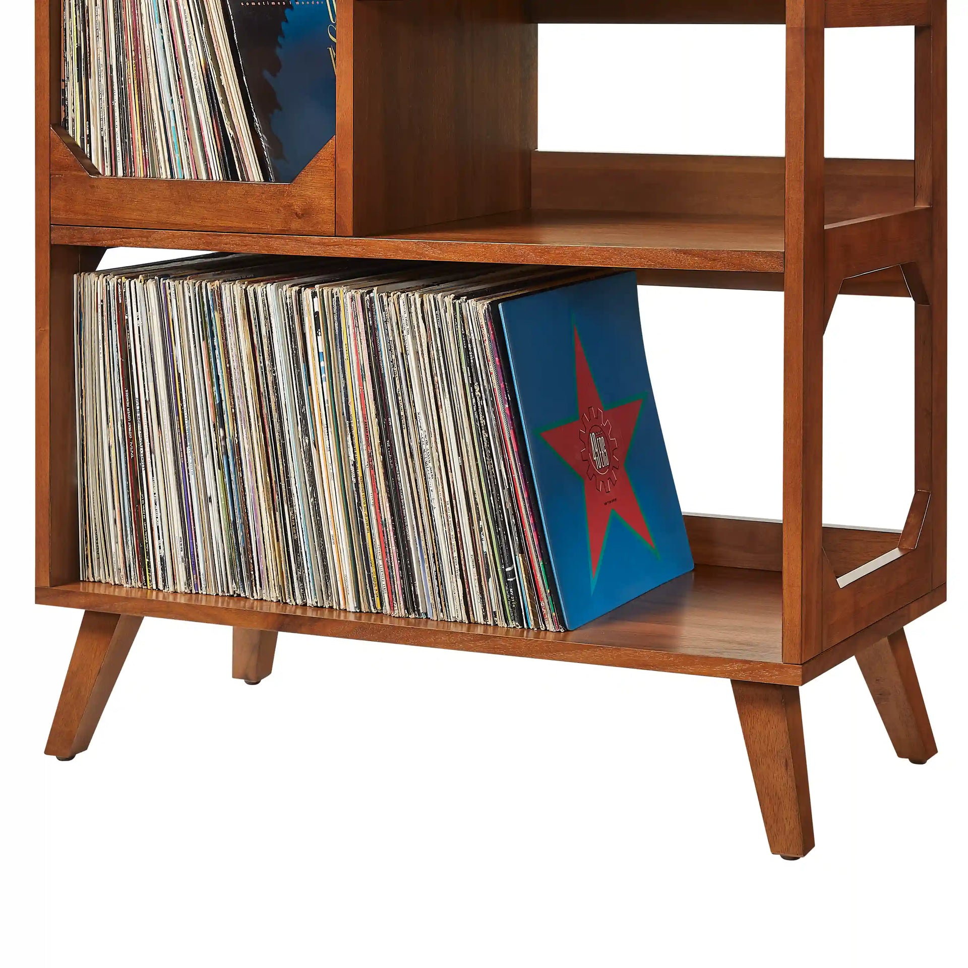 Crosley Asheville walnut record player stand with vinyl storage, front view