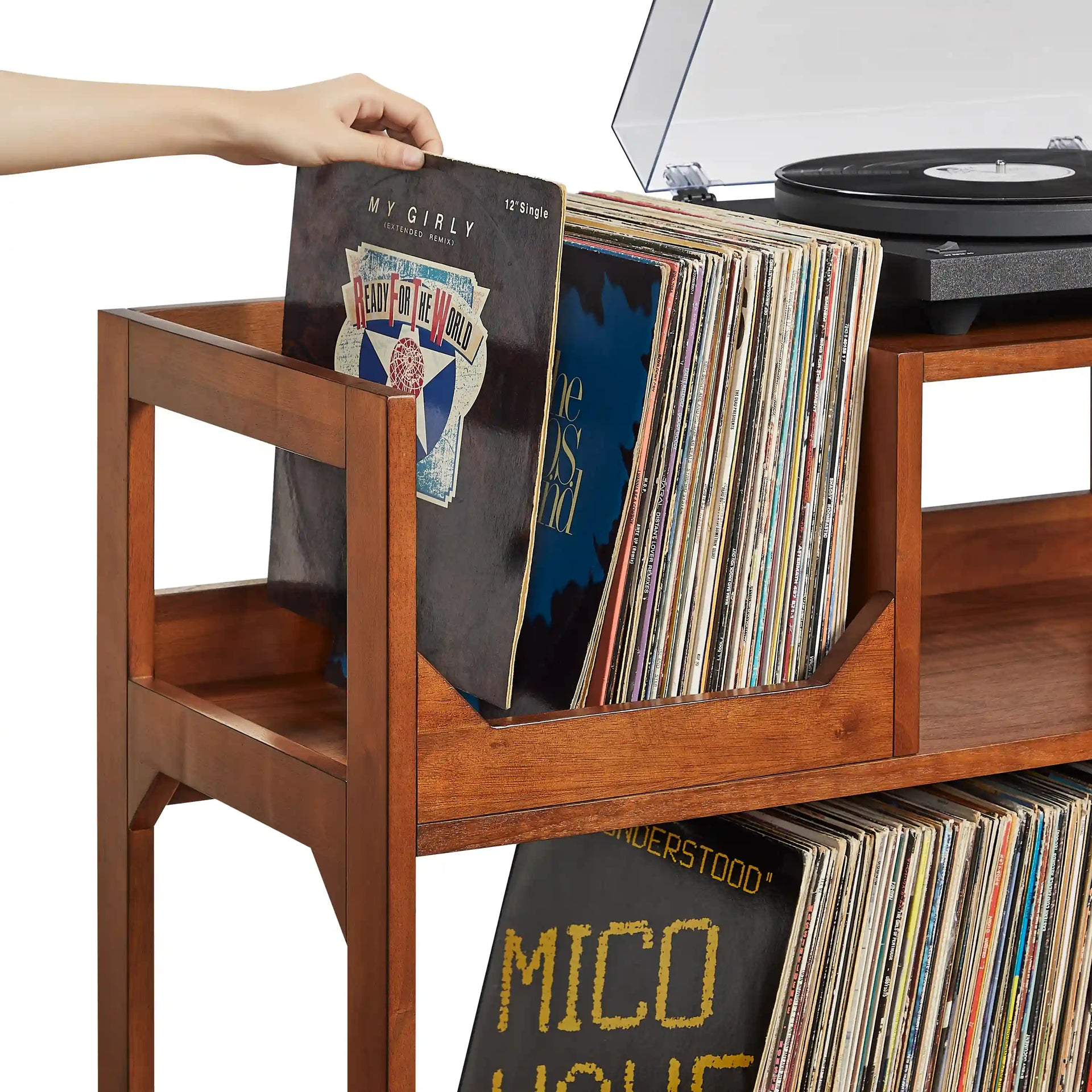 Crosley Asheville walnut record player stand with vinyl storage, front view