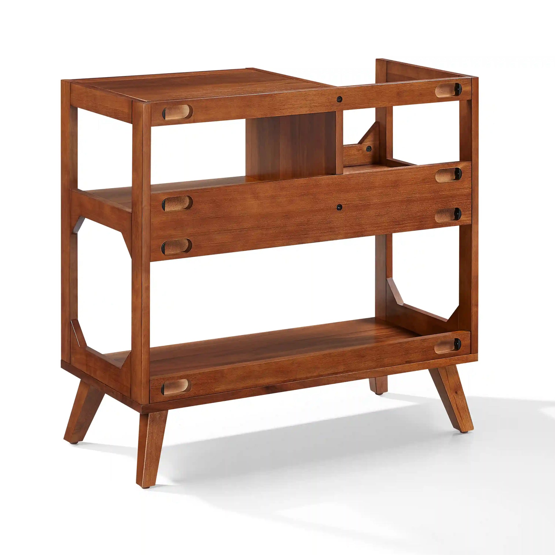 Crosley Asheville walnut record player stand with vinyl storage compartment, front view