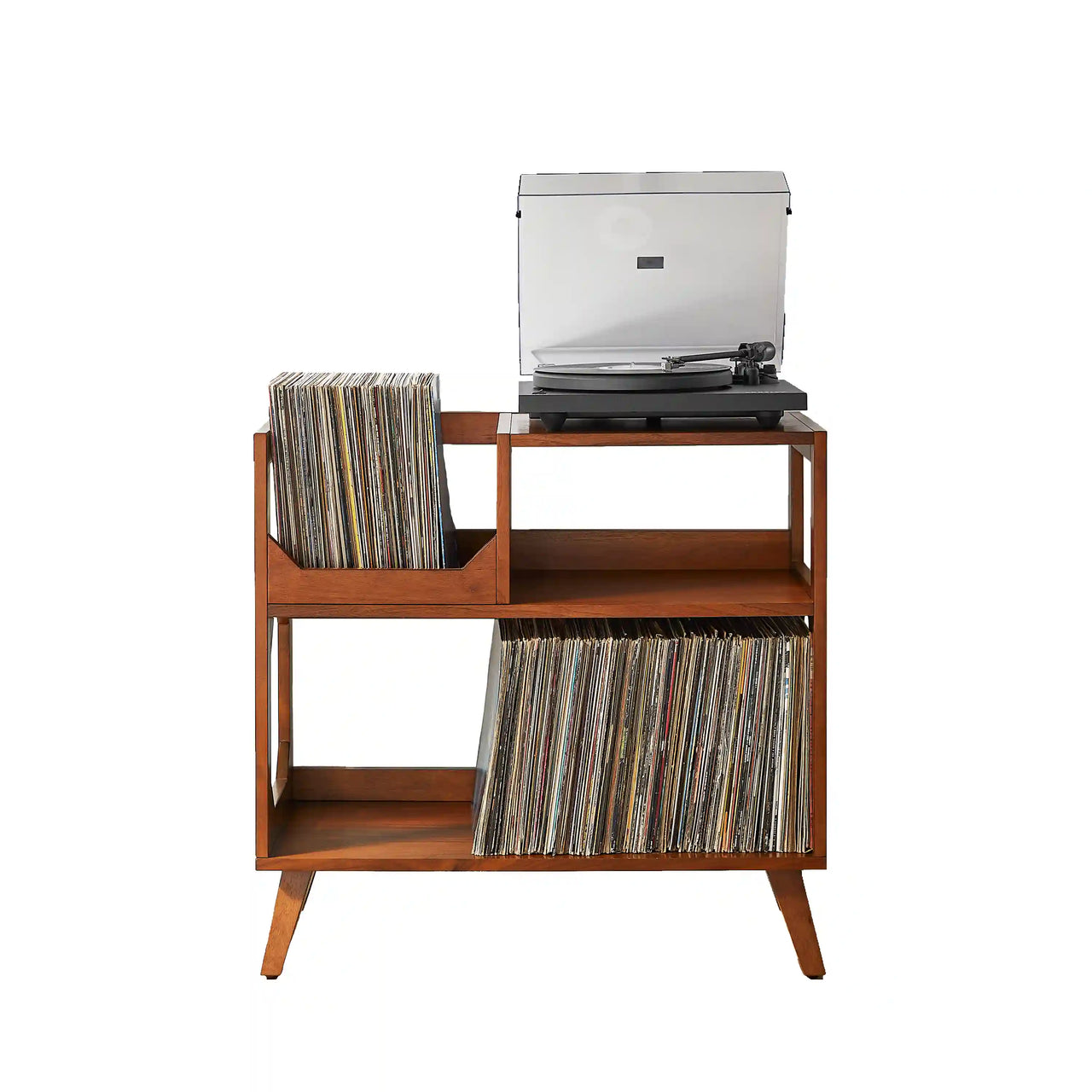 Crosley Asheville walnut record player stand with vinyl storage, front view