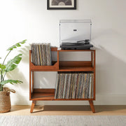 Crosley Asheville walnut record player stand with vinyl storage in living room setting