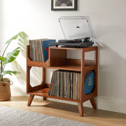 Crosley Asheville walnut record player stand with vinyl storage in a home entertainment setting