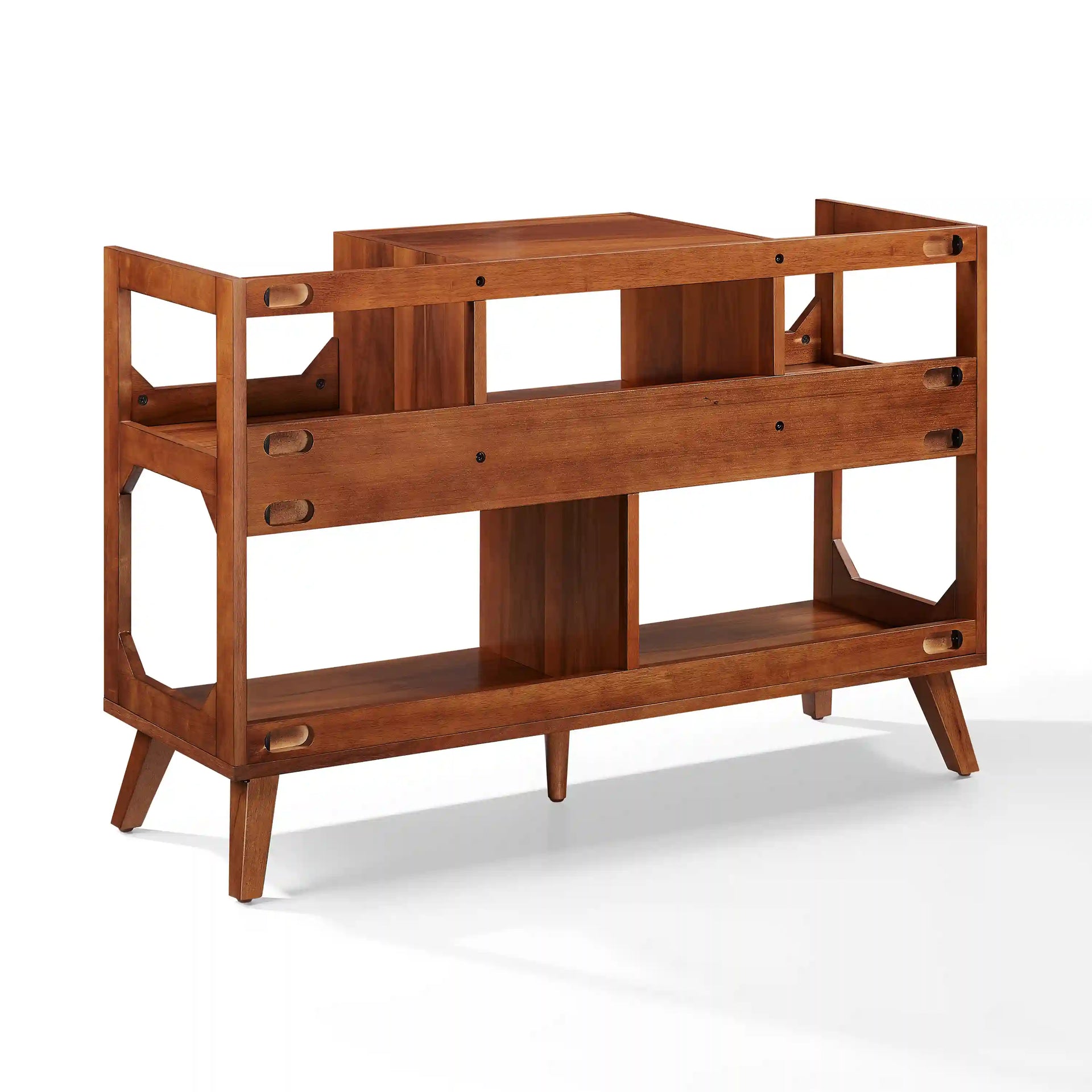 Crosley Asheville walnut record player stand with vinyl storage, back view showing wooden construction and storage compartment