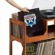 Crosley Asheville walnut record player stand with vinyl storage compartments, detail view