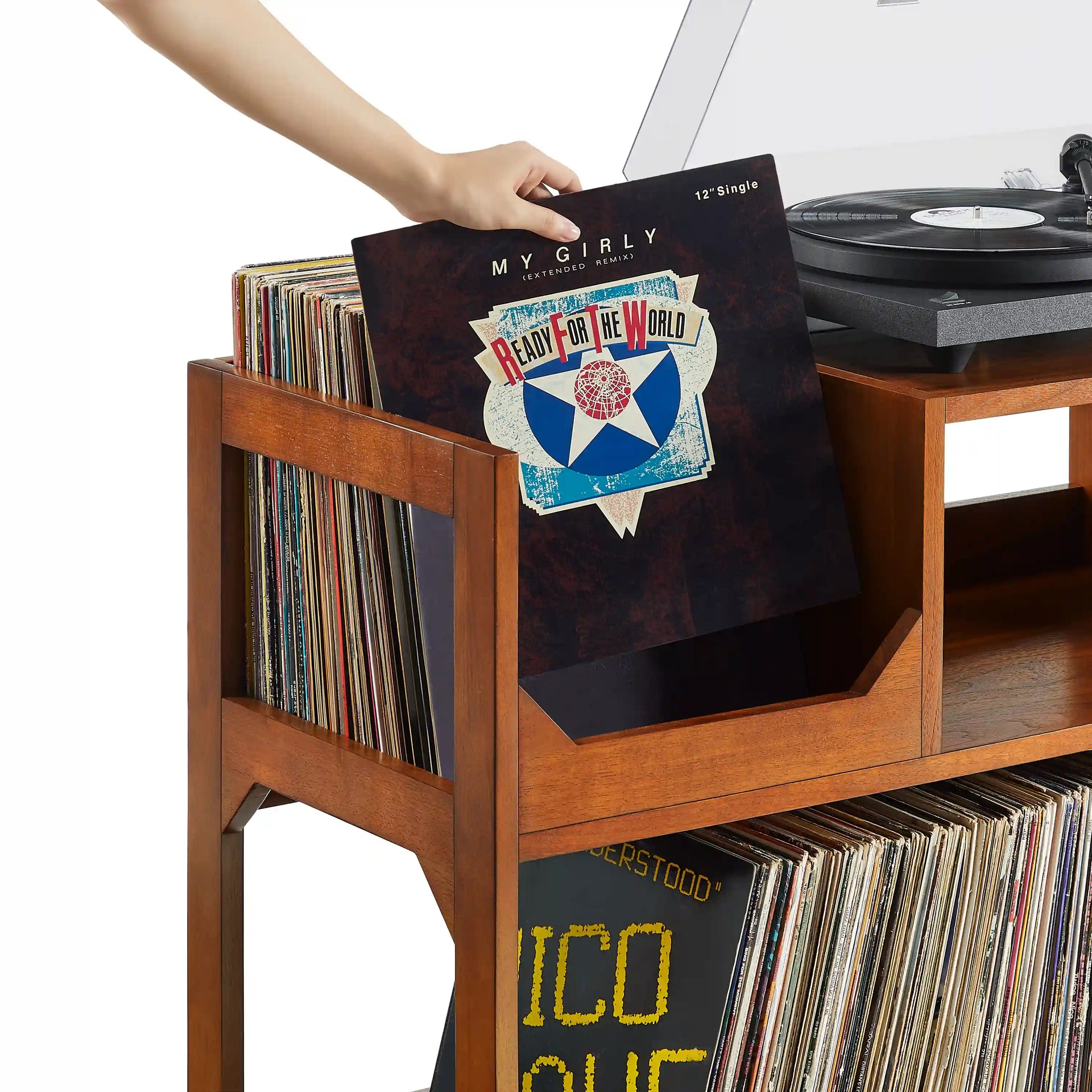Crosley Asheville walnut record player stand with vinyl storage compartments, detail view