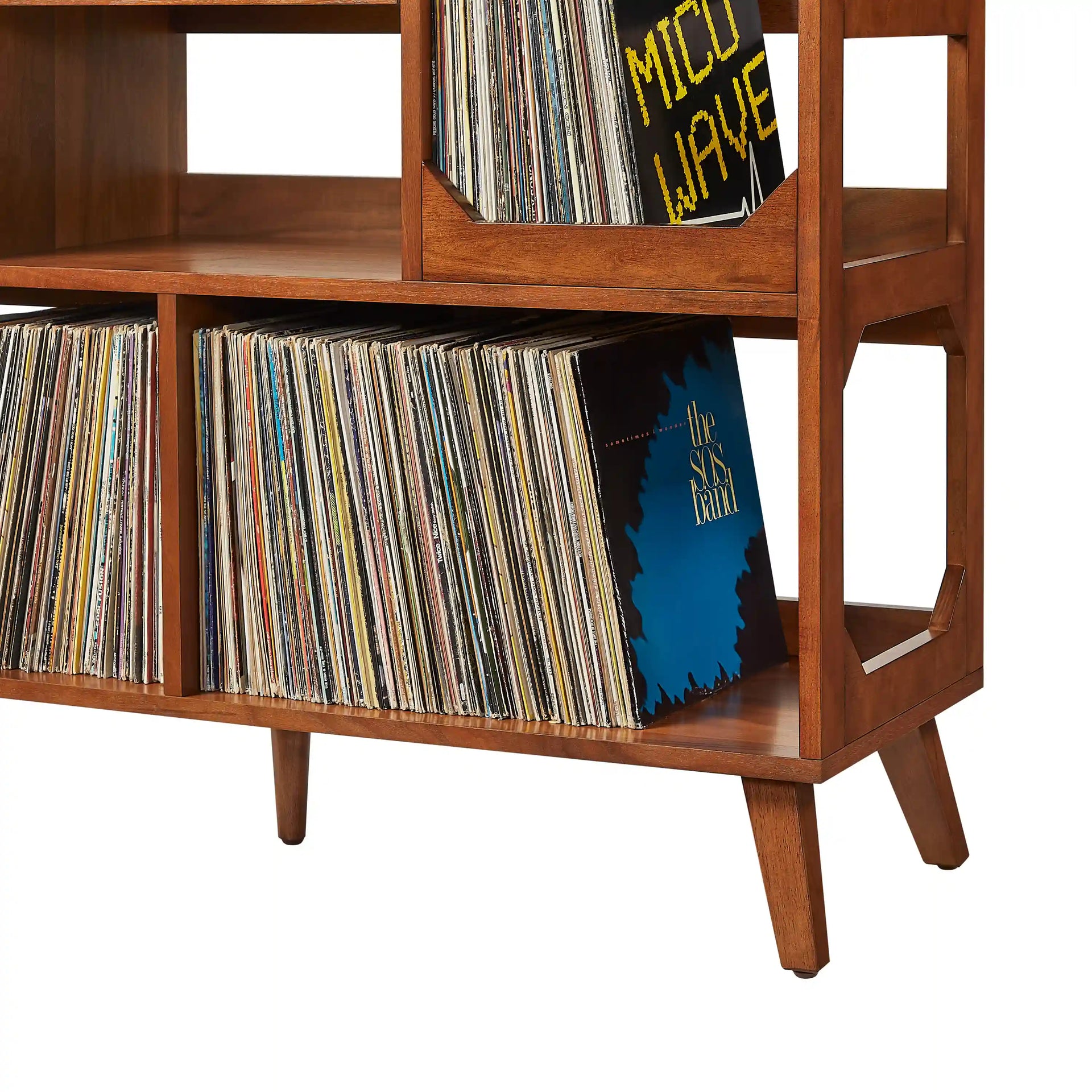 Crosley Asheville walnut record player stand with vinyl storage compartment, detail view