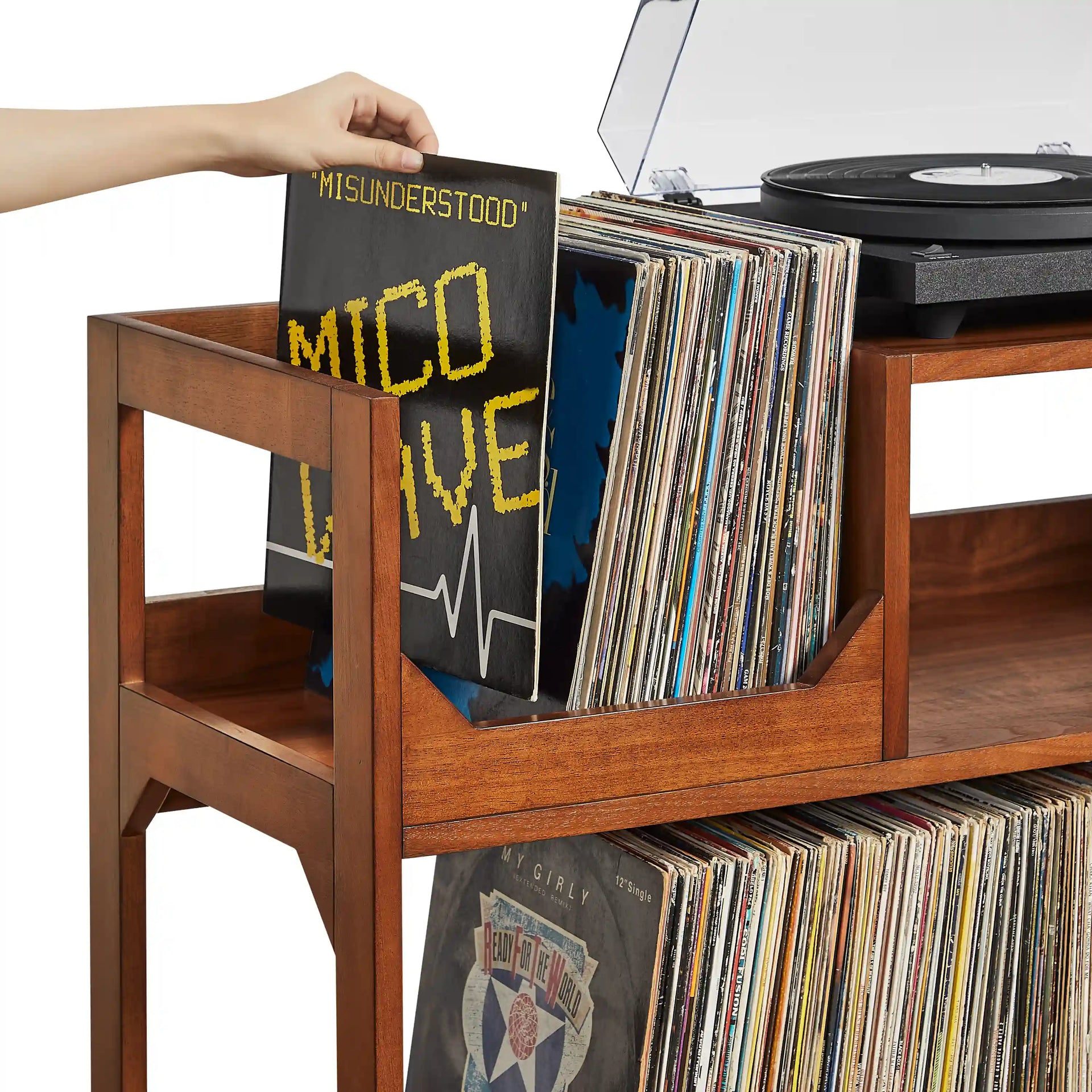 Crosley Asheville walnut record player stand with vinyl storage shelves, detail view