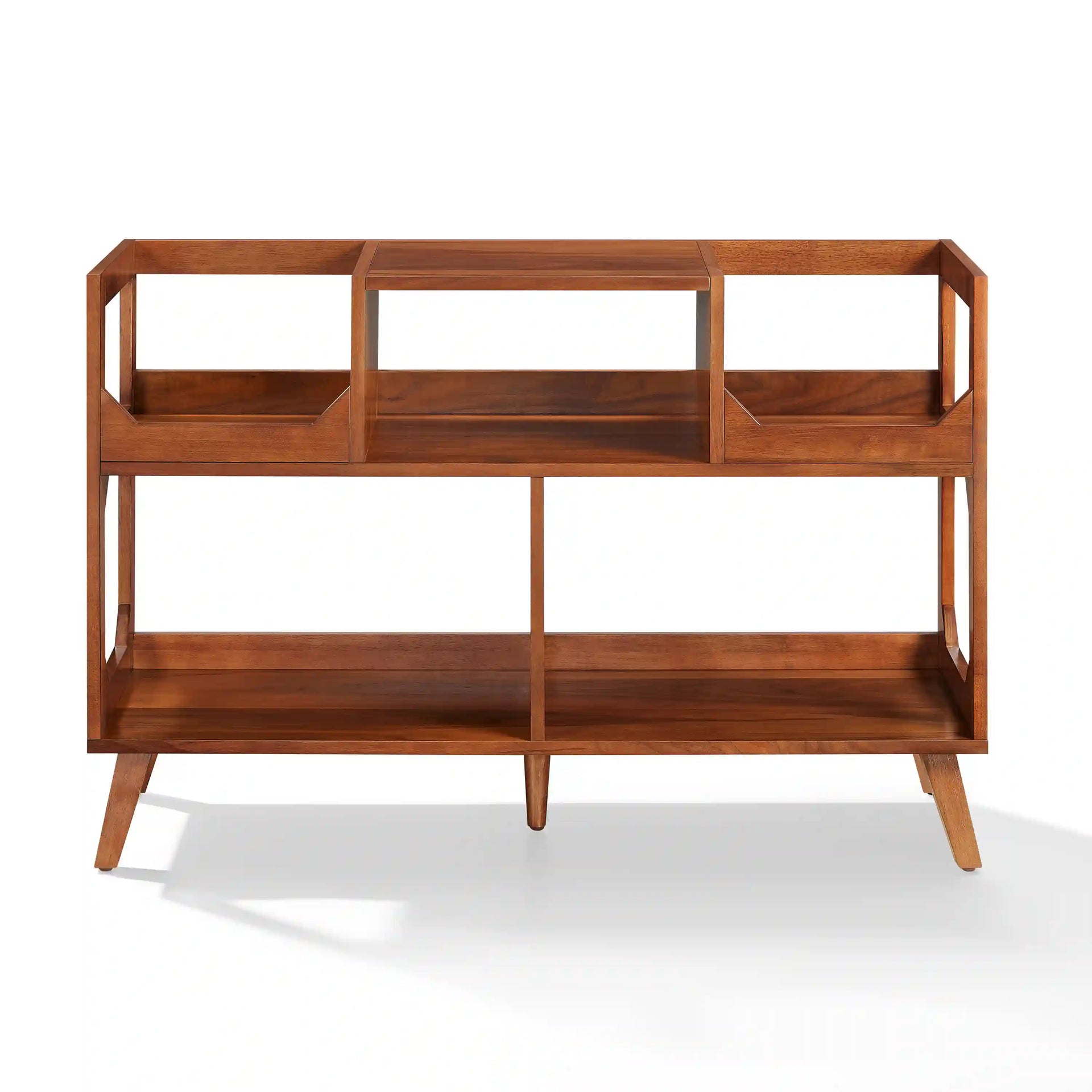 Crosley Asheville walnut record player stand with vinyl storage, front view