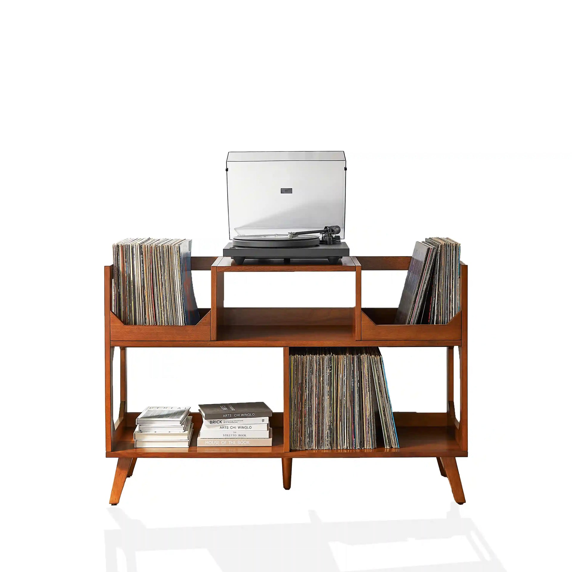 Crosley Asheville large walnut record player stand with vinyl storage, front view