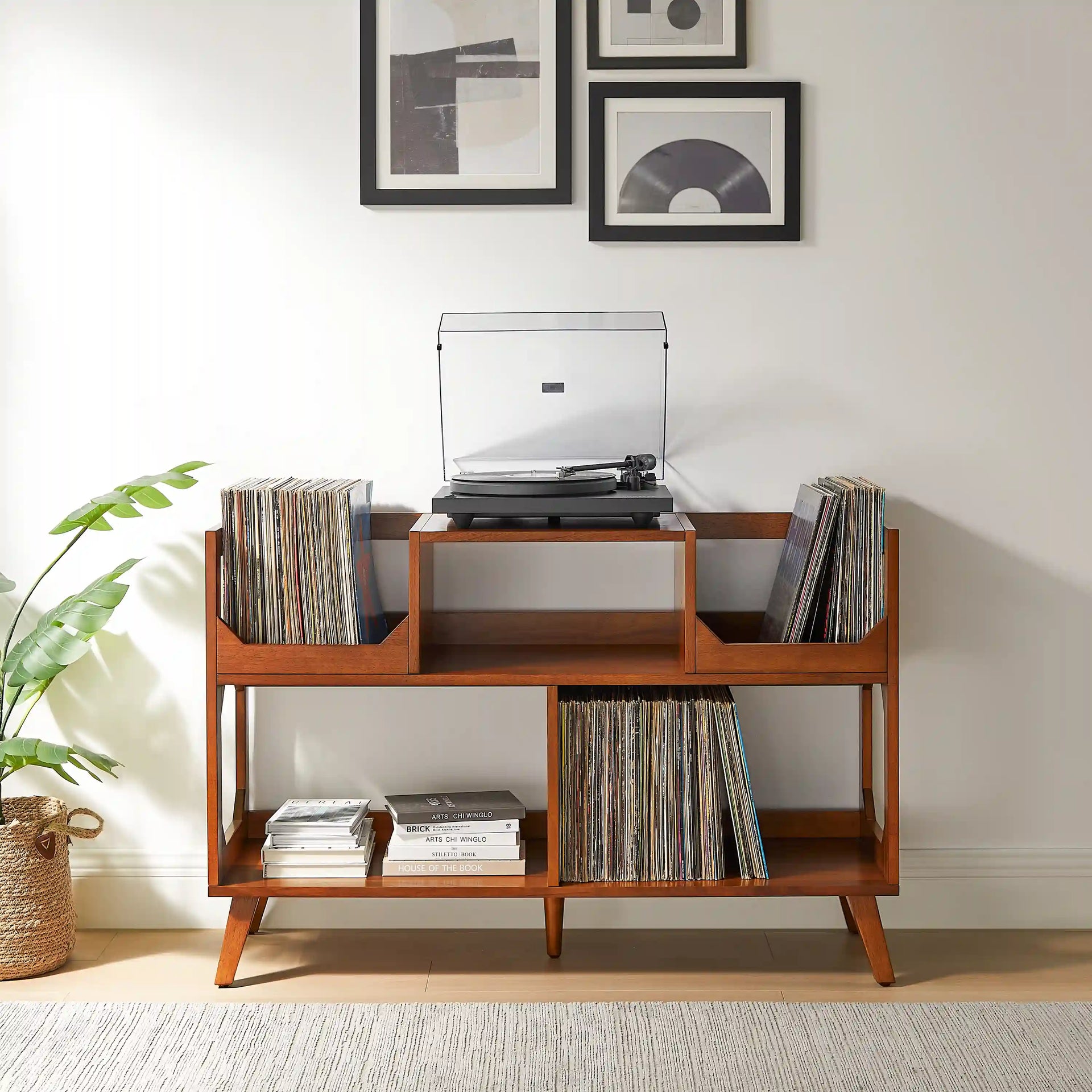 Crosley Asheville walnut record player stand with vinyl storage, front view