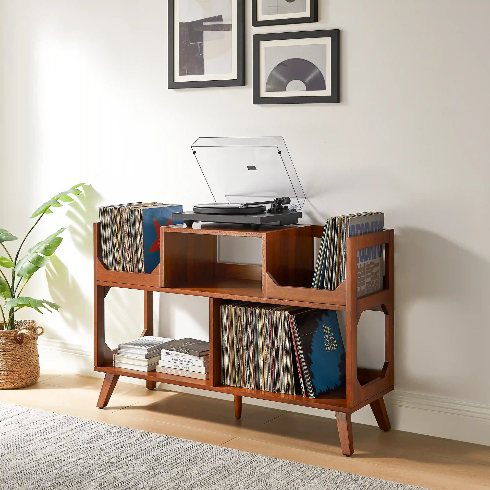 Crosley Asheville walnut record player stand with vinyl storage, front view