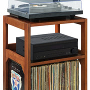 Crosley Asheville walnut record player stand with vinyl storage compartment, detailed view showing wood grain texture