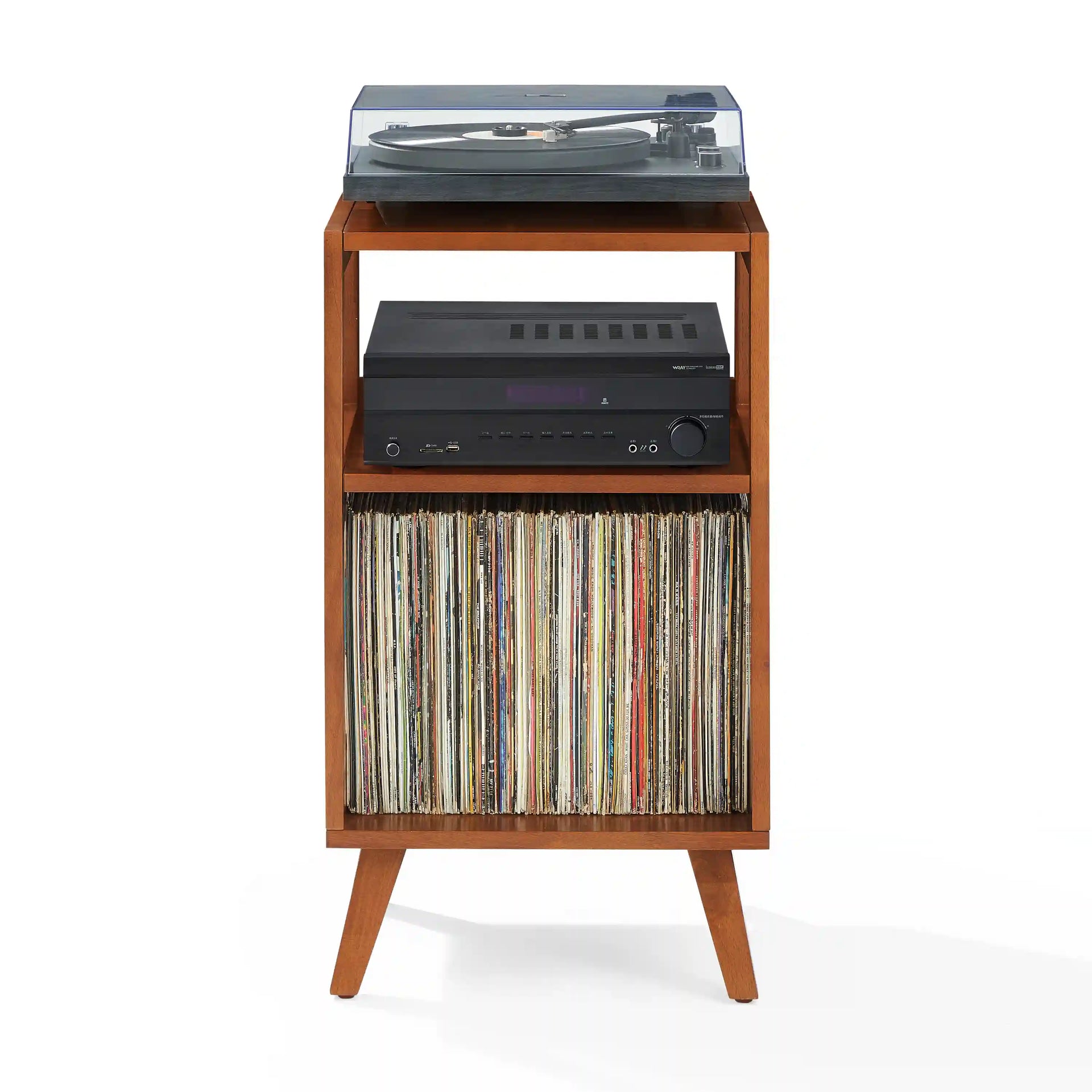 Crosley Asheville walnut record player stand with vinyl storage, front view