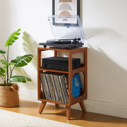 Crosley Asheville walnut record player stand with vinyl storage displayed in a living room setting