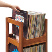 Crosley Asheville Small Vinyl Record Storage Stand in walnut finish, detail view showing wood construction and record slots