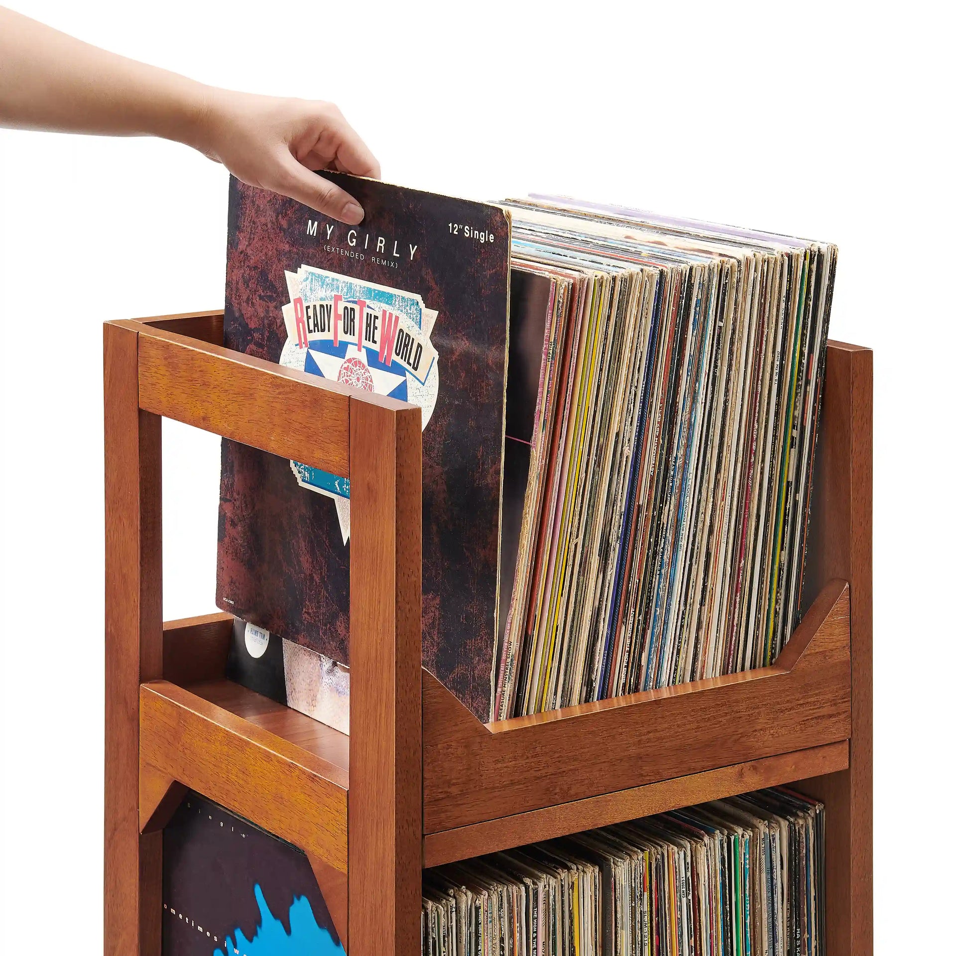 Crosley Asheville Small Vinyl Record Storage Stand in walnut finish, detail view showing wood construction and record slots