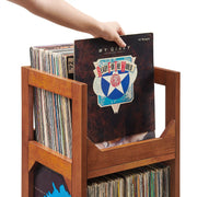 Crosley Asheville Small Vinyl Record Storage Stand in Walnut, detail view showing wooden construction and record slots