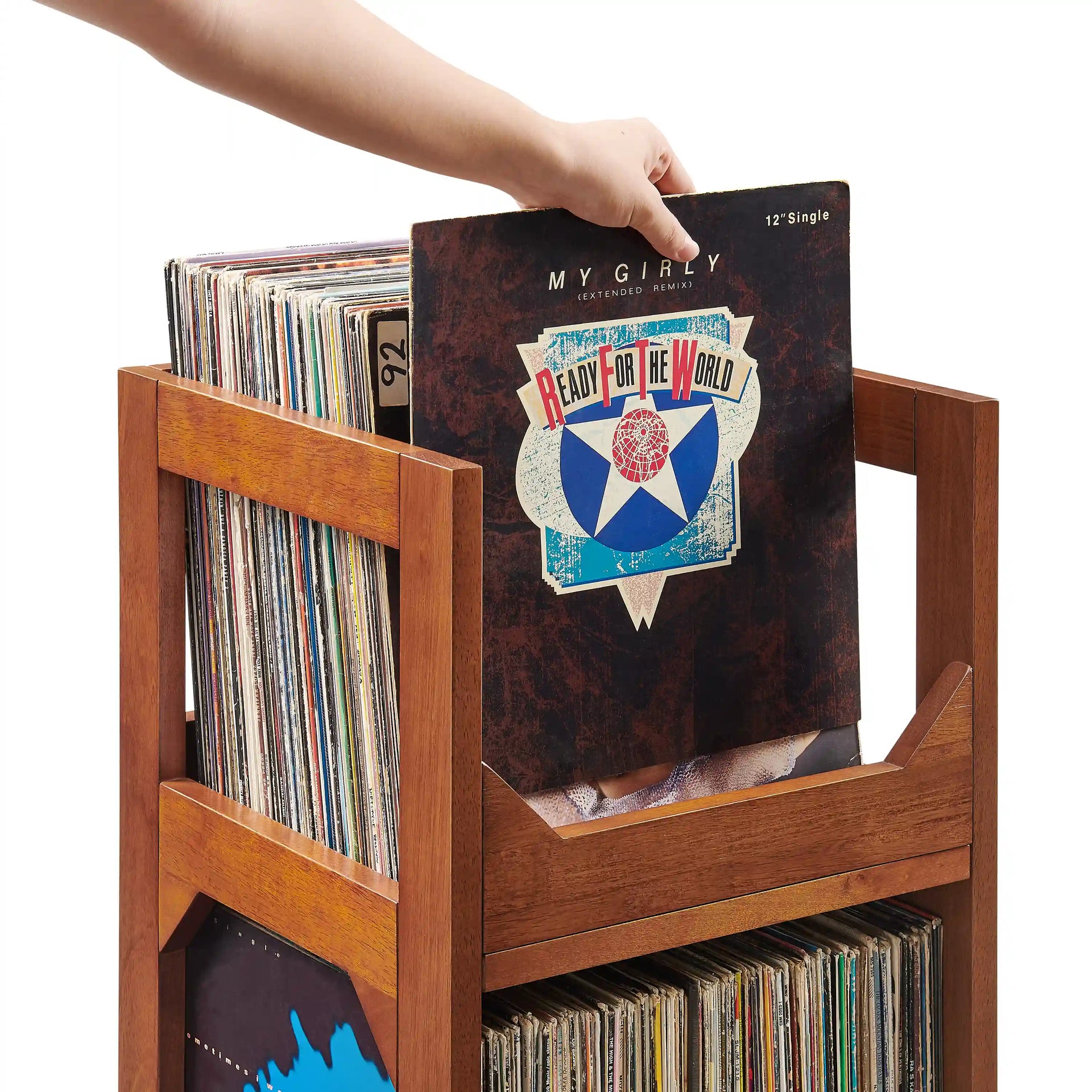 Crosley Asheville Small Vinyl Record Storage Stand in Walnut, detail view showing wooden construction and record slots