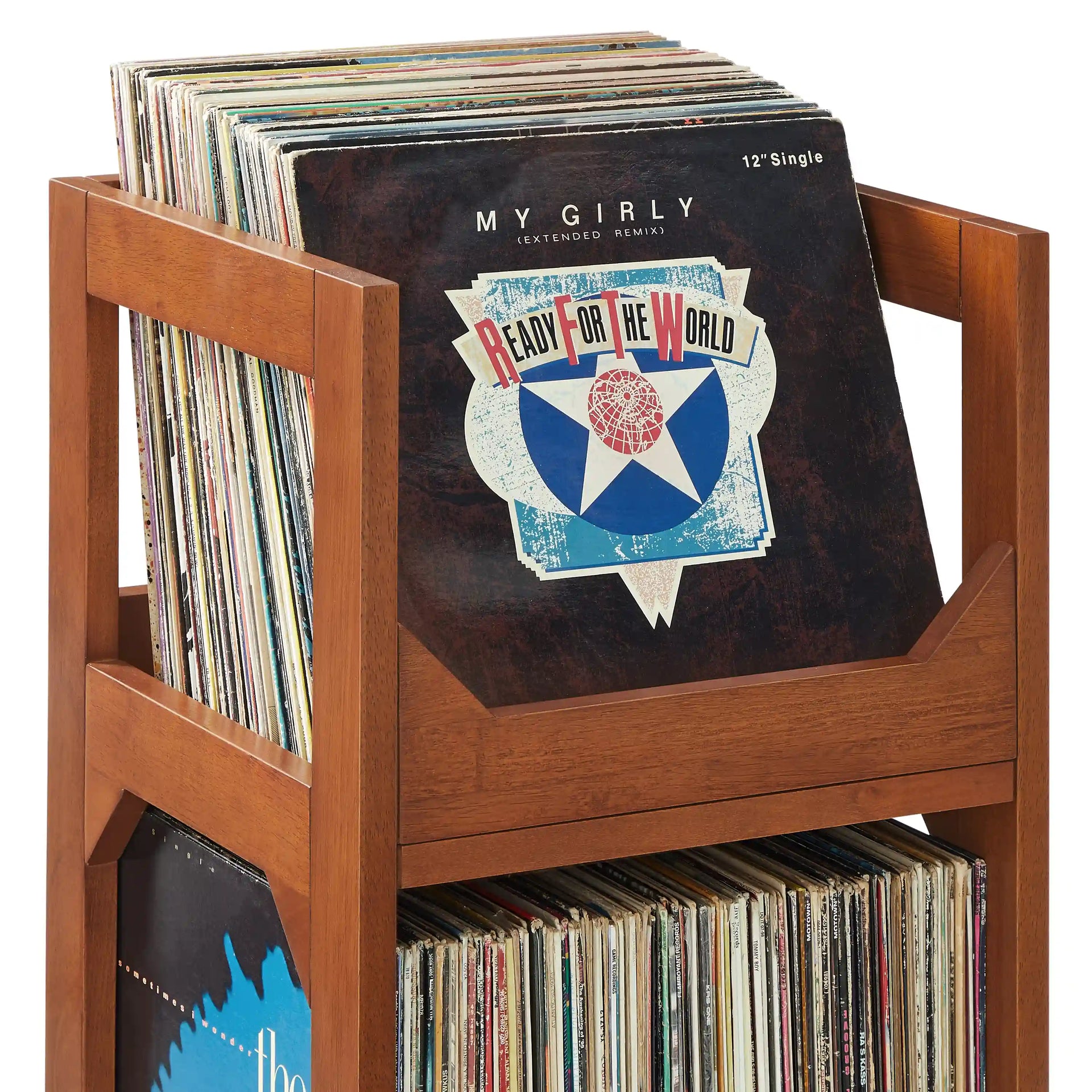 Crosley Asheville small walnut vinyl record storage stand, detail view showing wood grain and construction