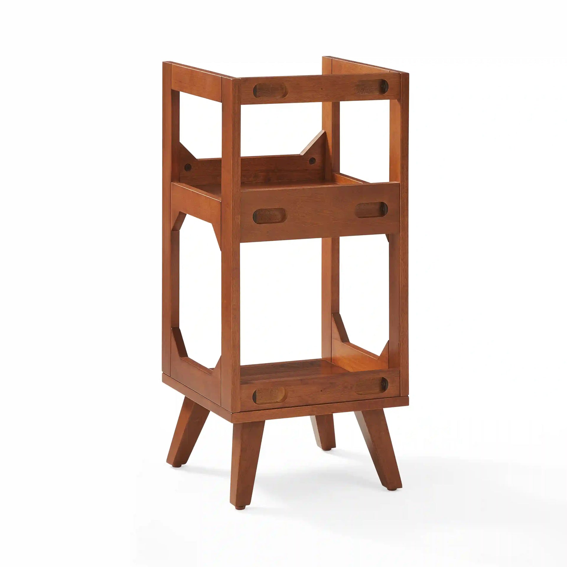 Crosley Asheville small walnut vinyl record storage stand with front-facing view showing wood construction and record slots.