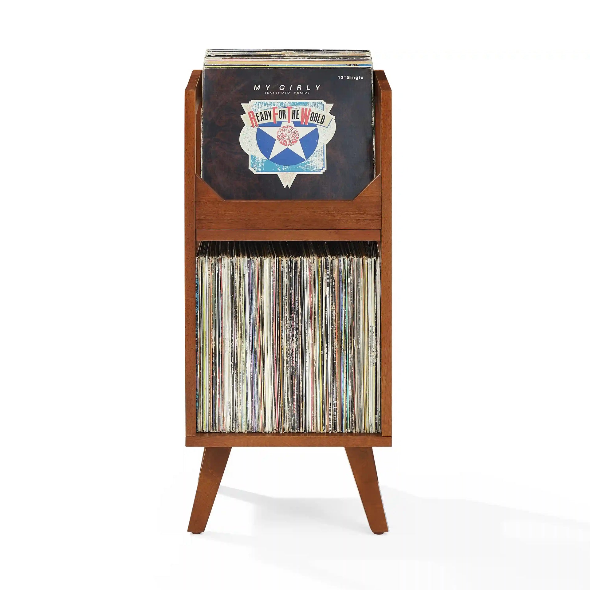Crosley Asheville Small Walnut Vinyl Record Storage Stand with front-facing display view