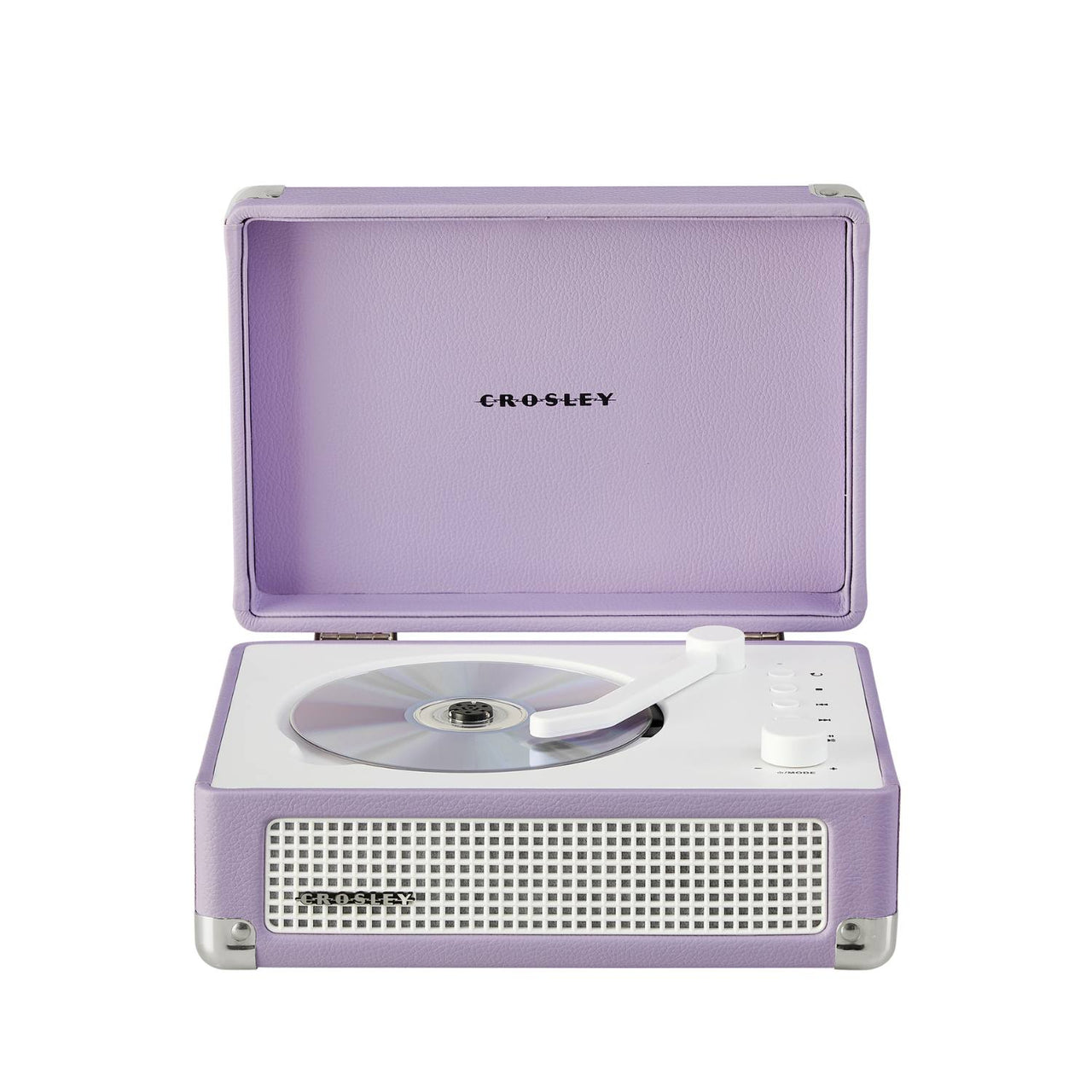 Crosley Cruiser lavender CD player with front-facing design showing control buttons and disc slot