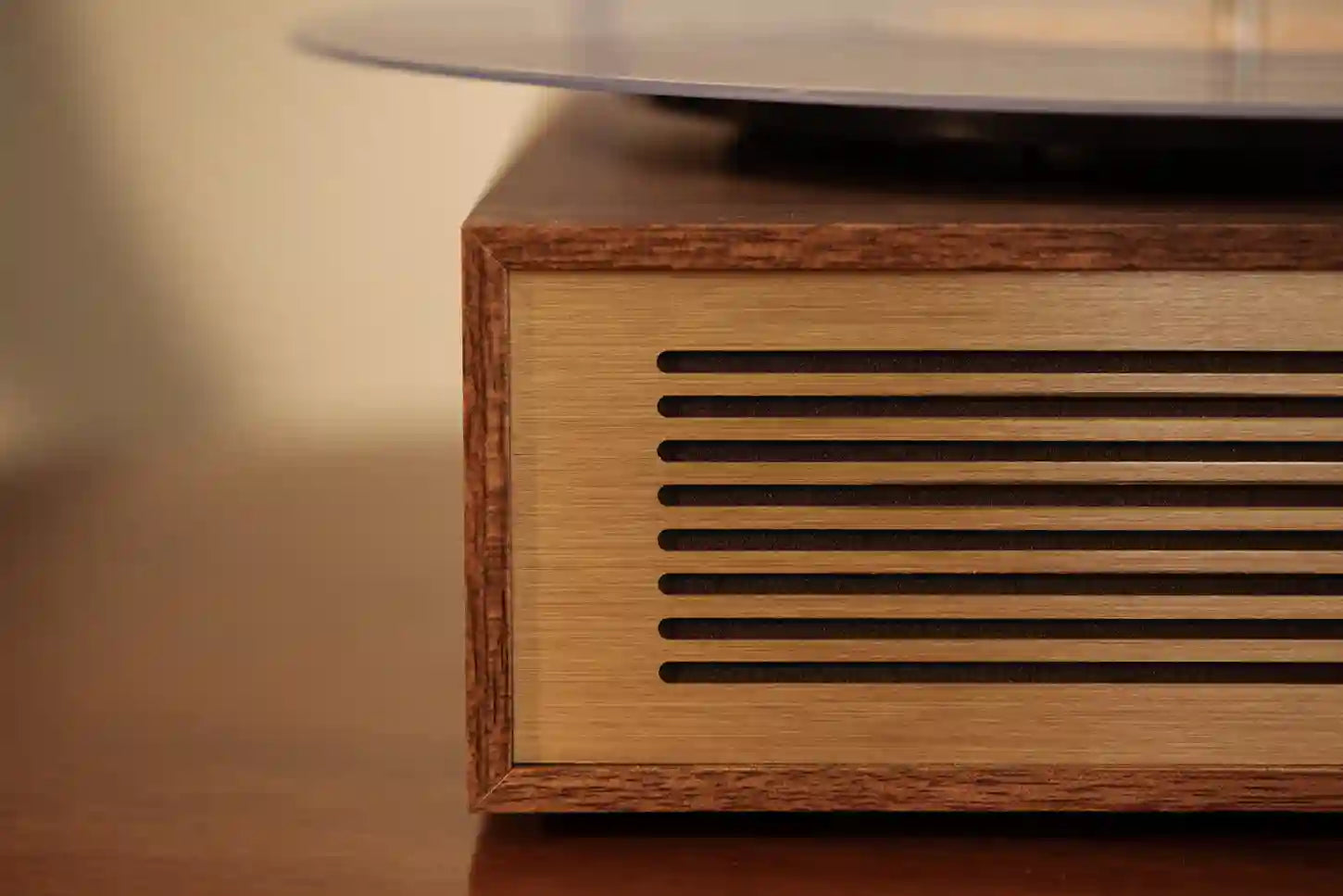 Crosley Miles Bluetooth Record Player in walnut finish, detailed view of wooden cabinet and controls