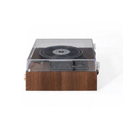 Crosley Miles Bluetooth Record Player in walnut finish, shown from the side view