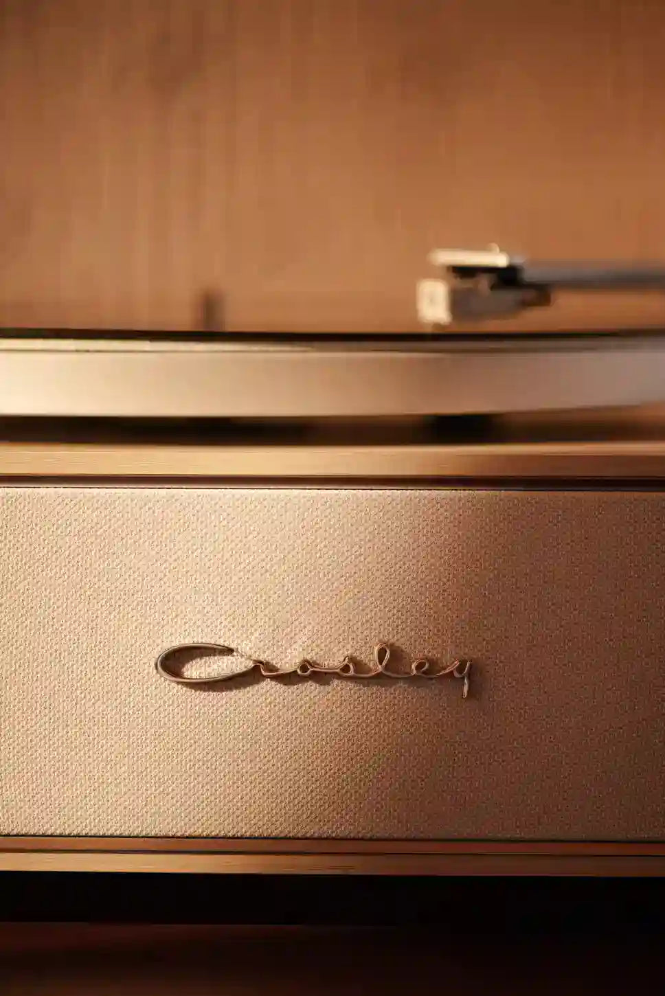 Crosley Stave Bluetooth Record Player in natural wood finish, detail view