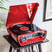 Crosley Powell 7-in-1 red record player displayed in a lifestyle setting