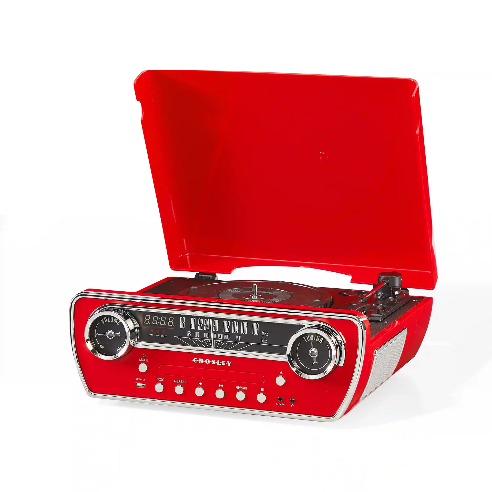 Red Crosley Powel 7-in-1 record player shown from the side view