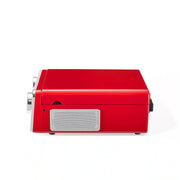 Red Crosley Powel 7-in-1 record player shown from the side view