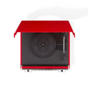 Crosley Powel 7-in-1 red record player viewed from above showing turntable and control layout