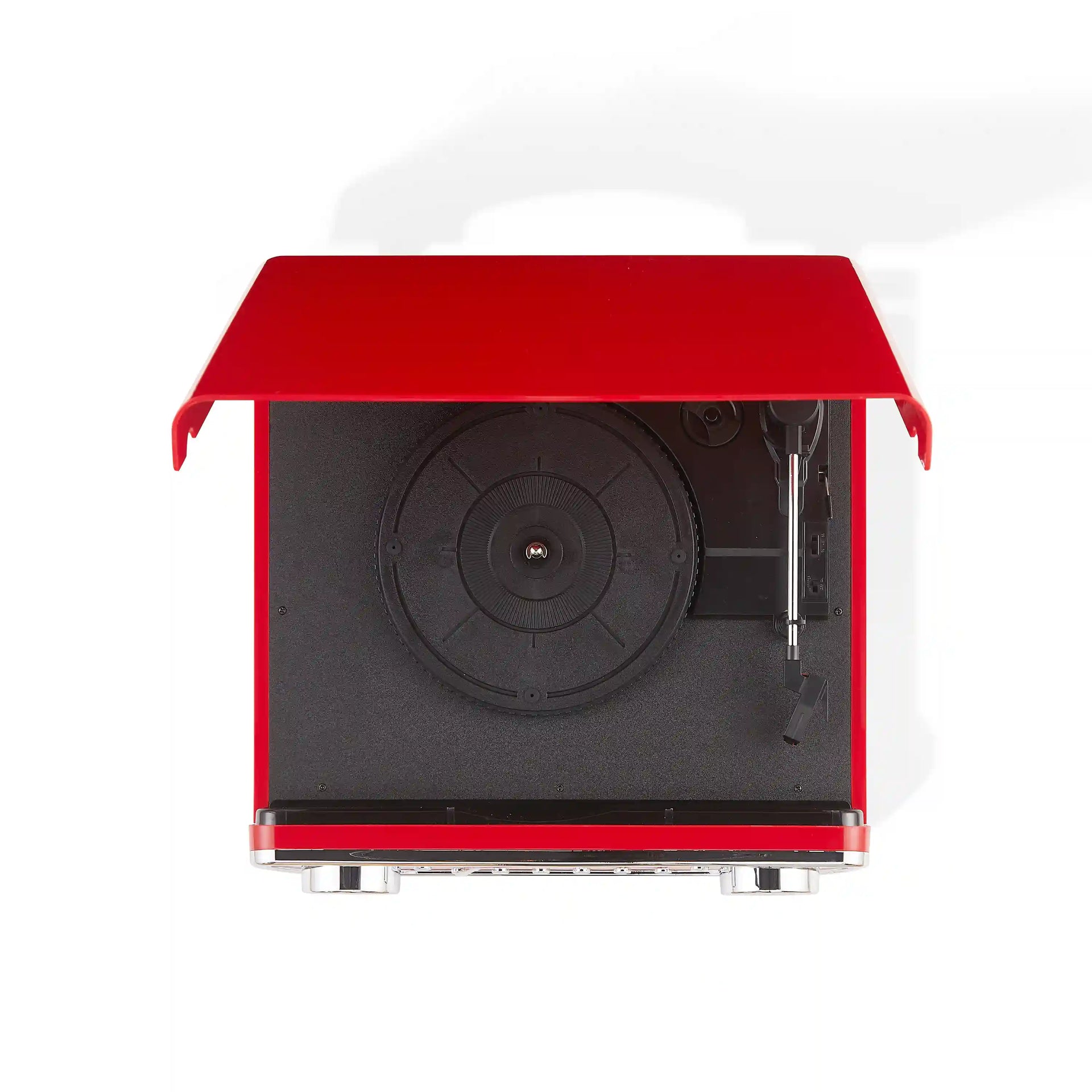Crosley Powel 7-in-1 red record player viewed from above showing turntable and control layout