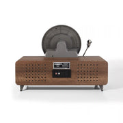 Crosley Beck Fully Automatic Vertical Record Player in Walnut, back view showing connections and design details.