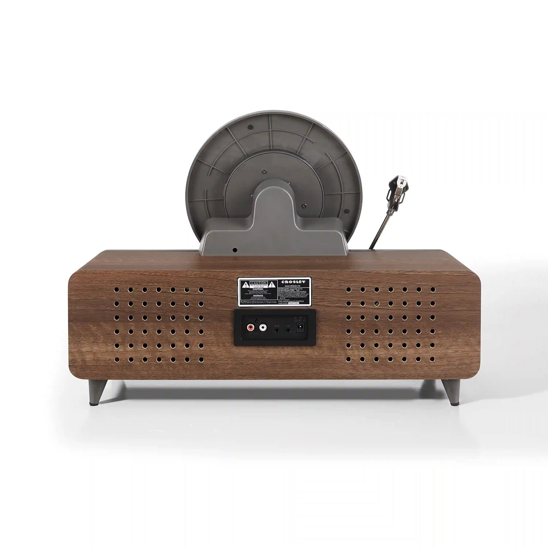 Crosley Beck Fully Automatic Vertical Record Player in Walnut, back view showing connections and design details.