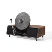 Crosley Beck walnut vertical record player with fully automatic operation, front view