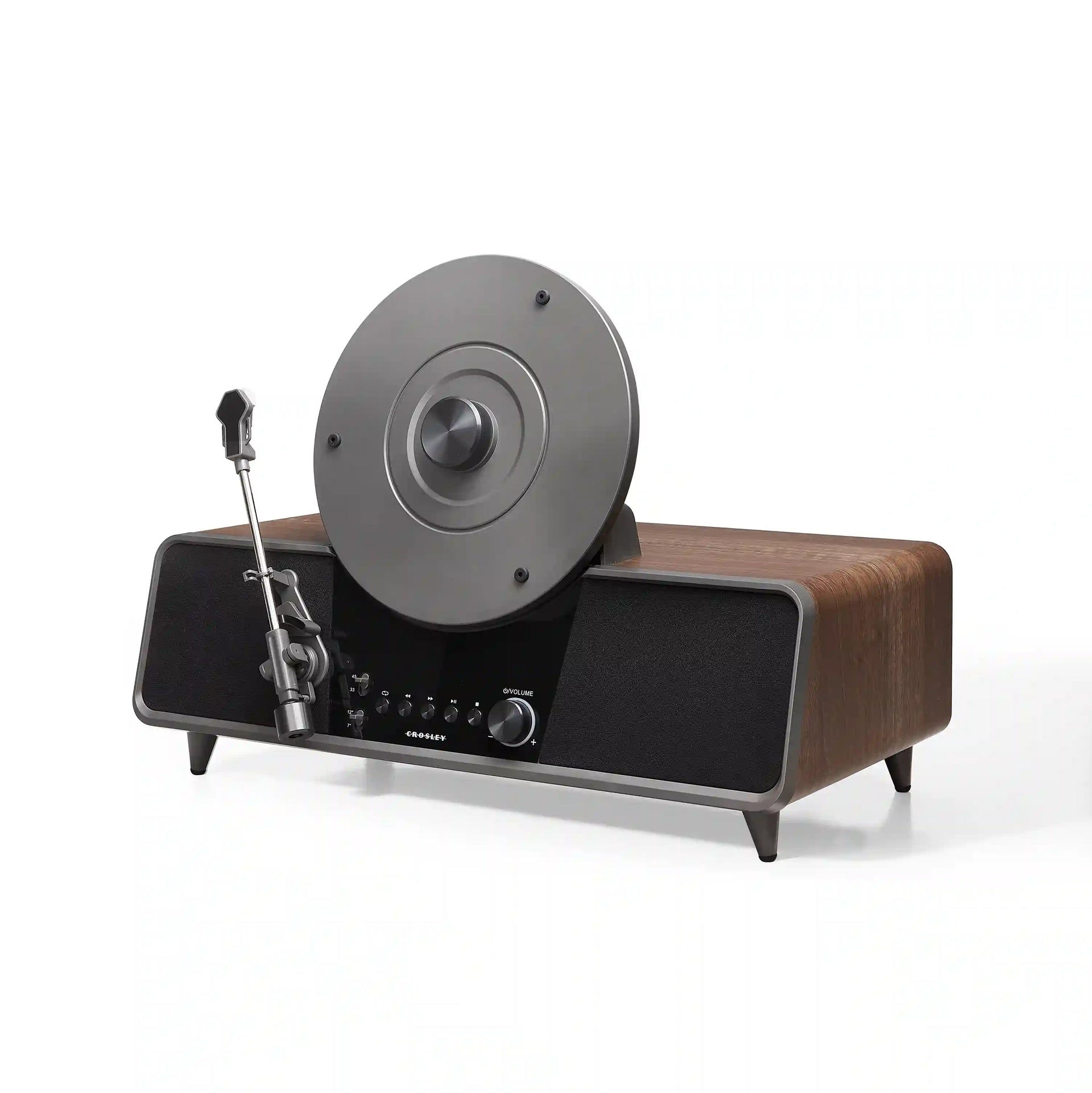 Crosley Beck walnut vertical record player with fully automatic operation, front view