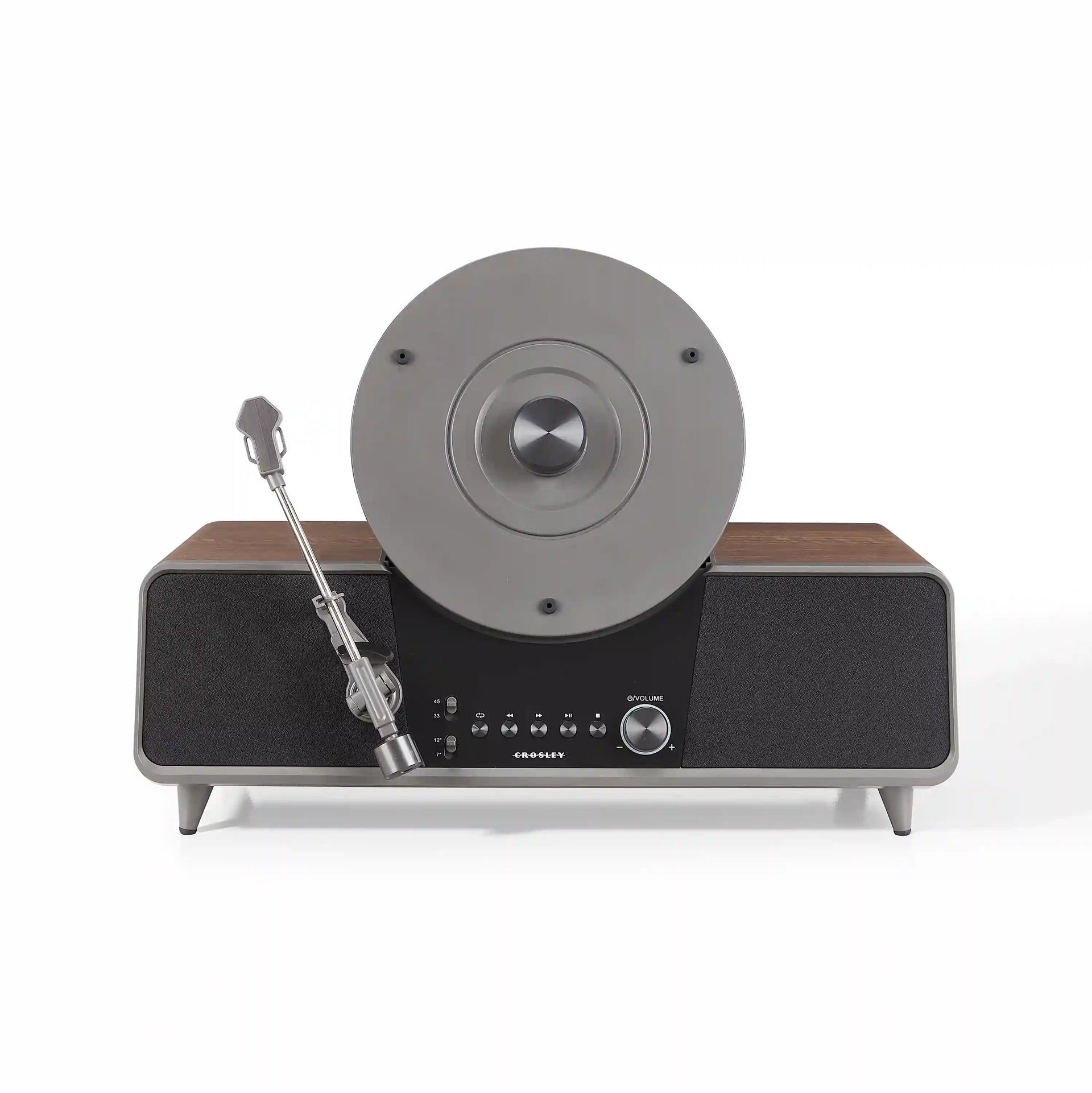 Crosley Beck walnut fully automatic vertical record player, front view