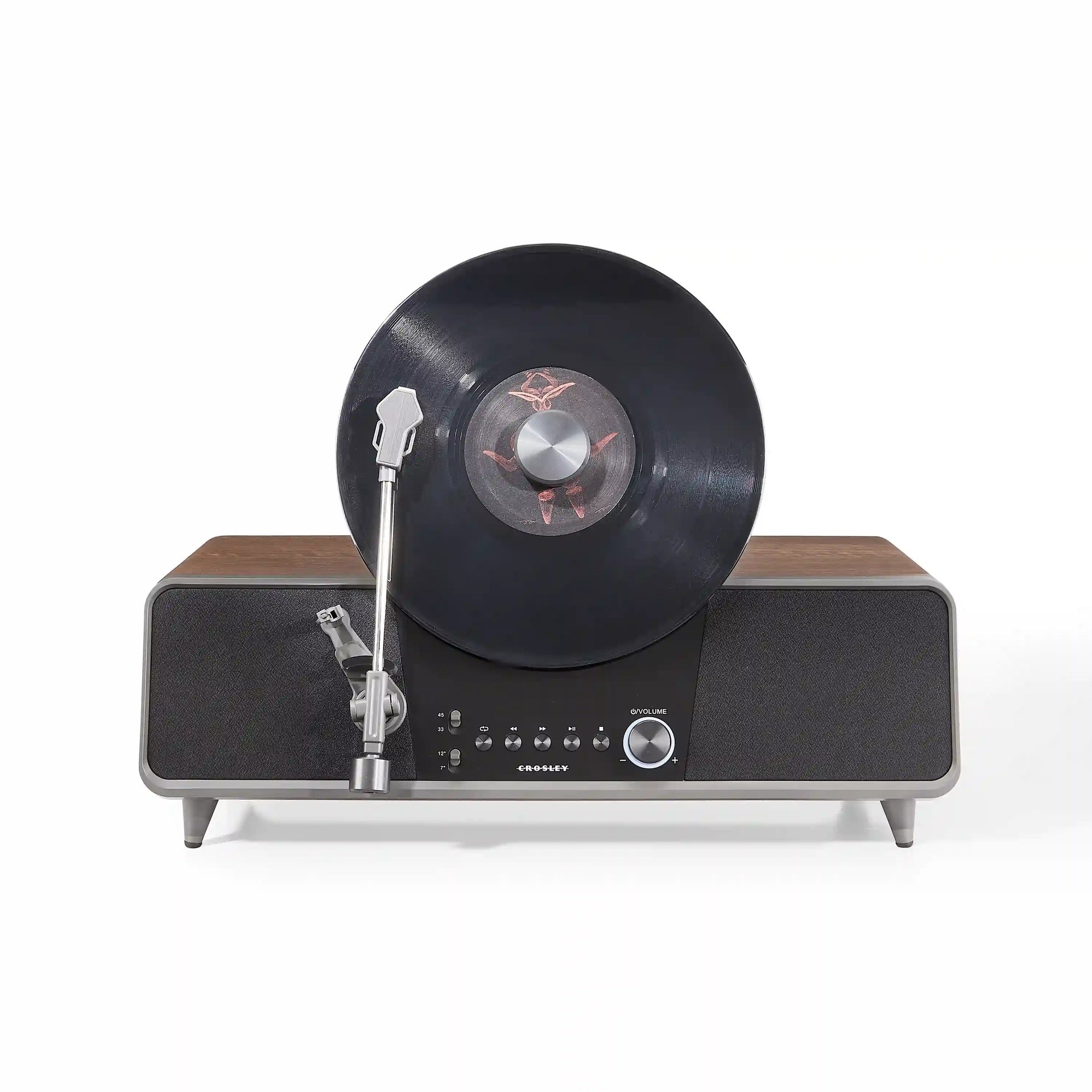 Crosley Beck walnut wood fully automatic vertical record player, front view