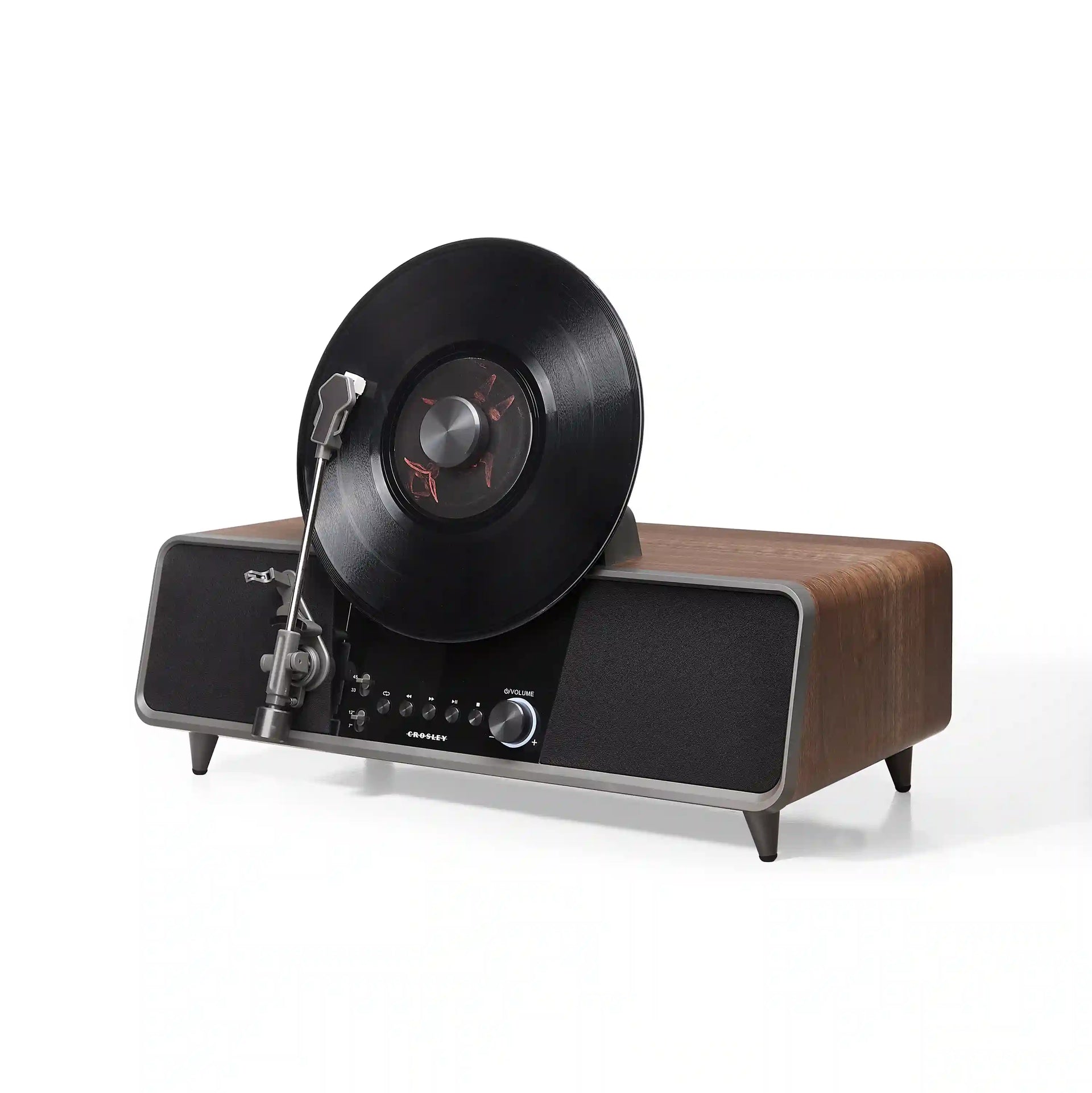 Crosley Beck walnut vertical record player with fully automatic operation, front view