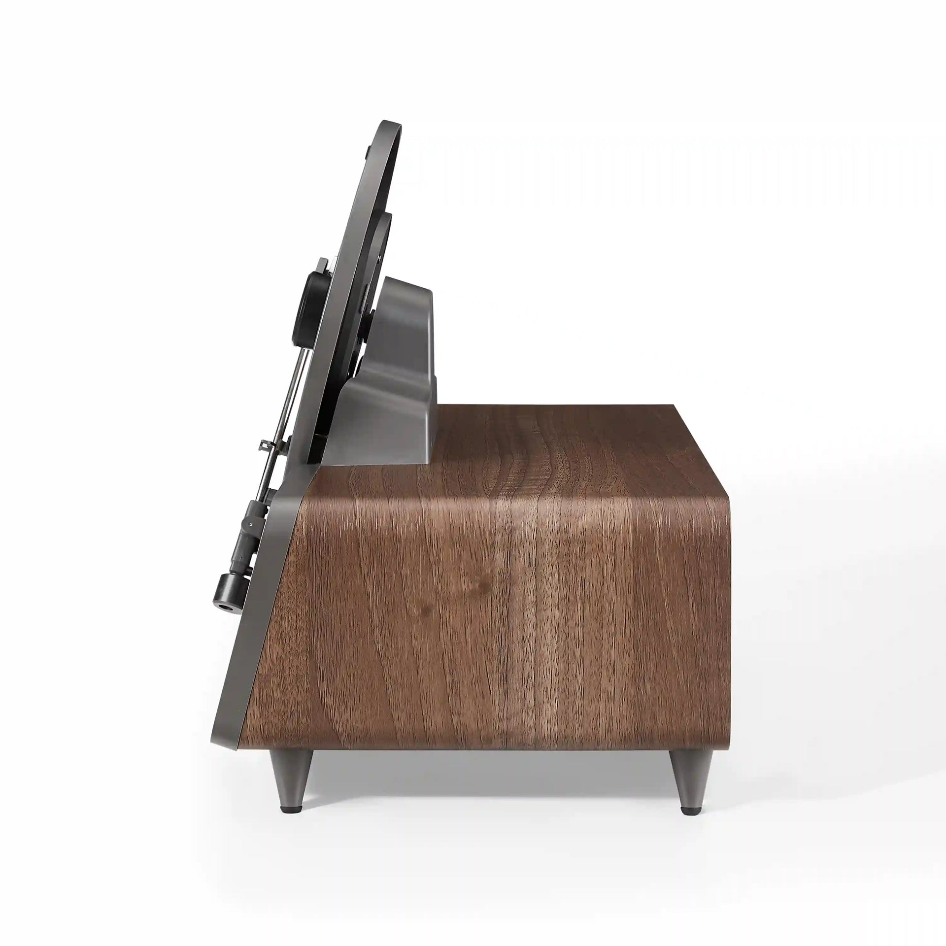Crosley Beck fully automatic vertical record player in walnut finish, side view