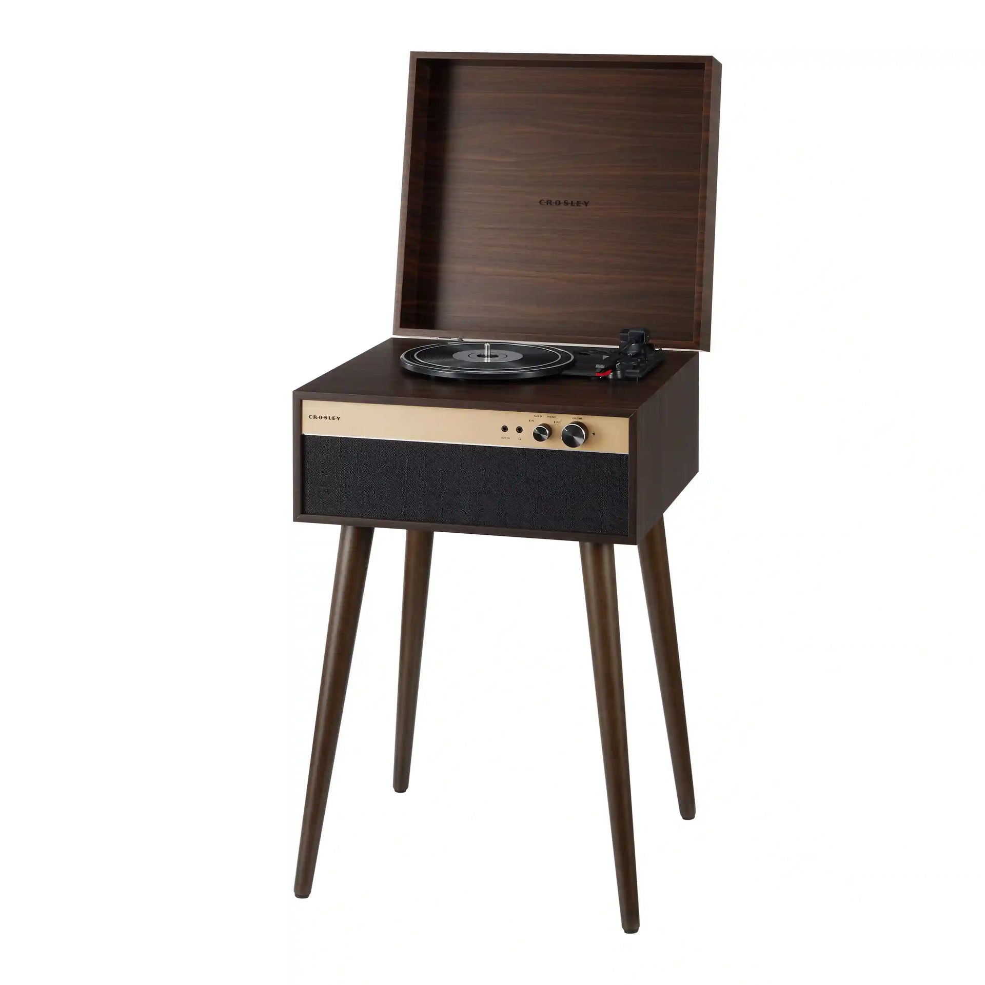Crosley Jasper walnut Bluetooth record player with detachable legs, front view