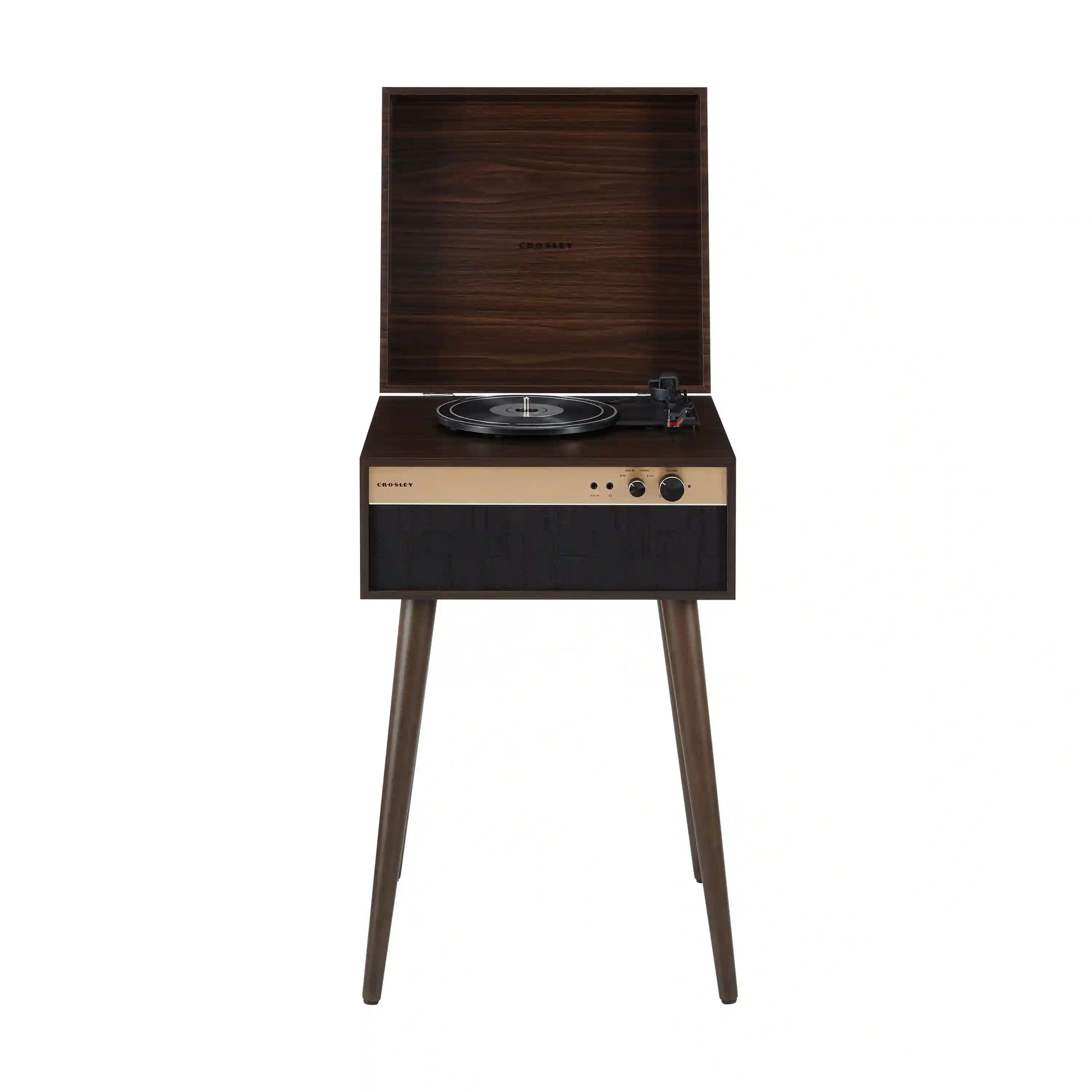 Crosley Jasper walnut Bluetooth record player with detachable legs, front view