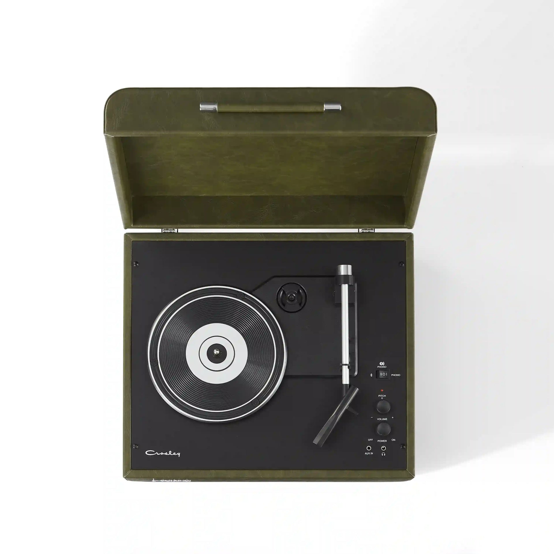 Crosley Mercury Bluetooth vinyl record player in forest green, top view showing turntable and controls