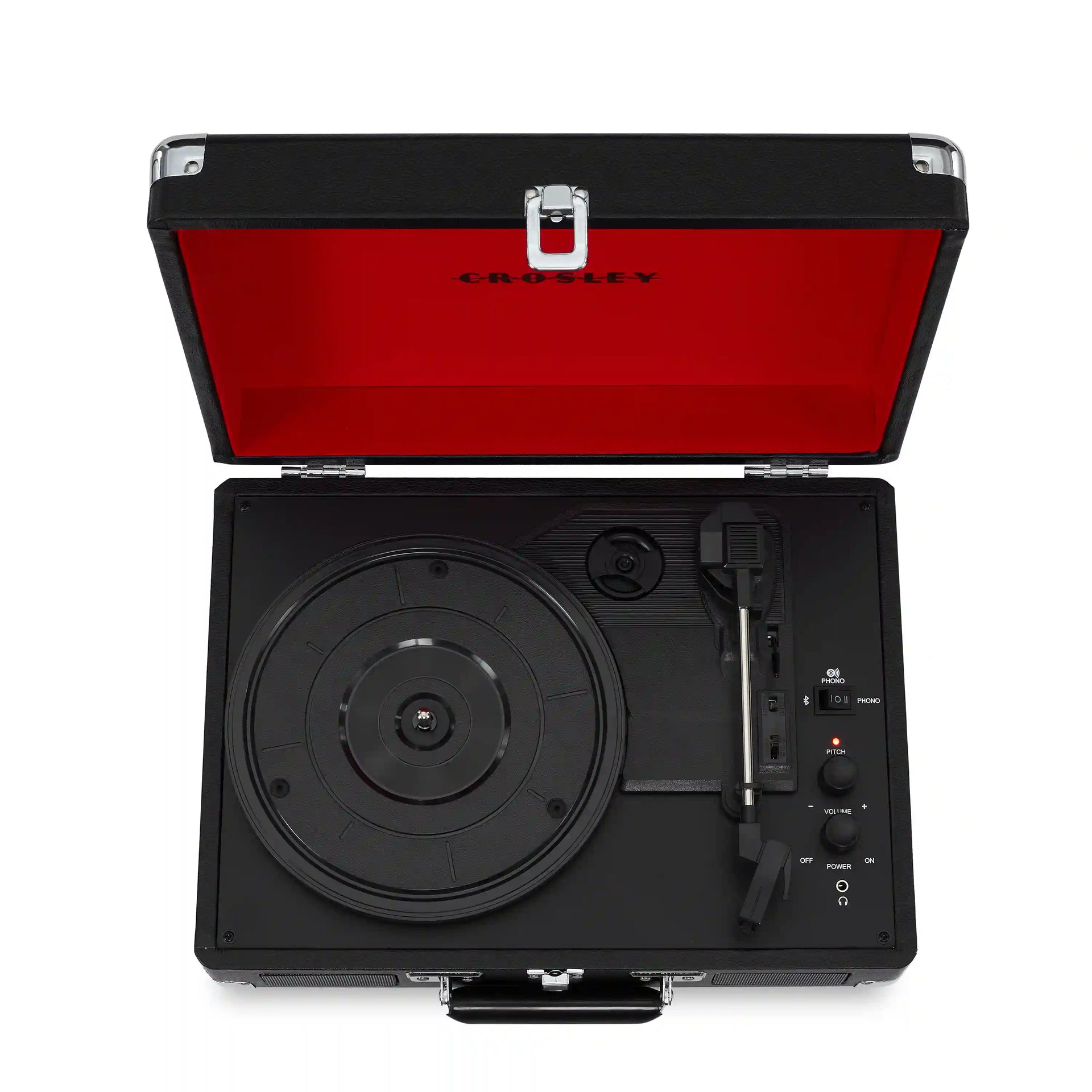 Crosley Cruiser Plus Bluetooth record player in black, top view showing turntable and controls