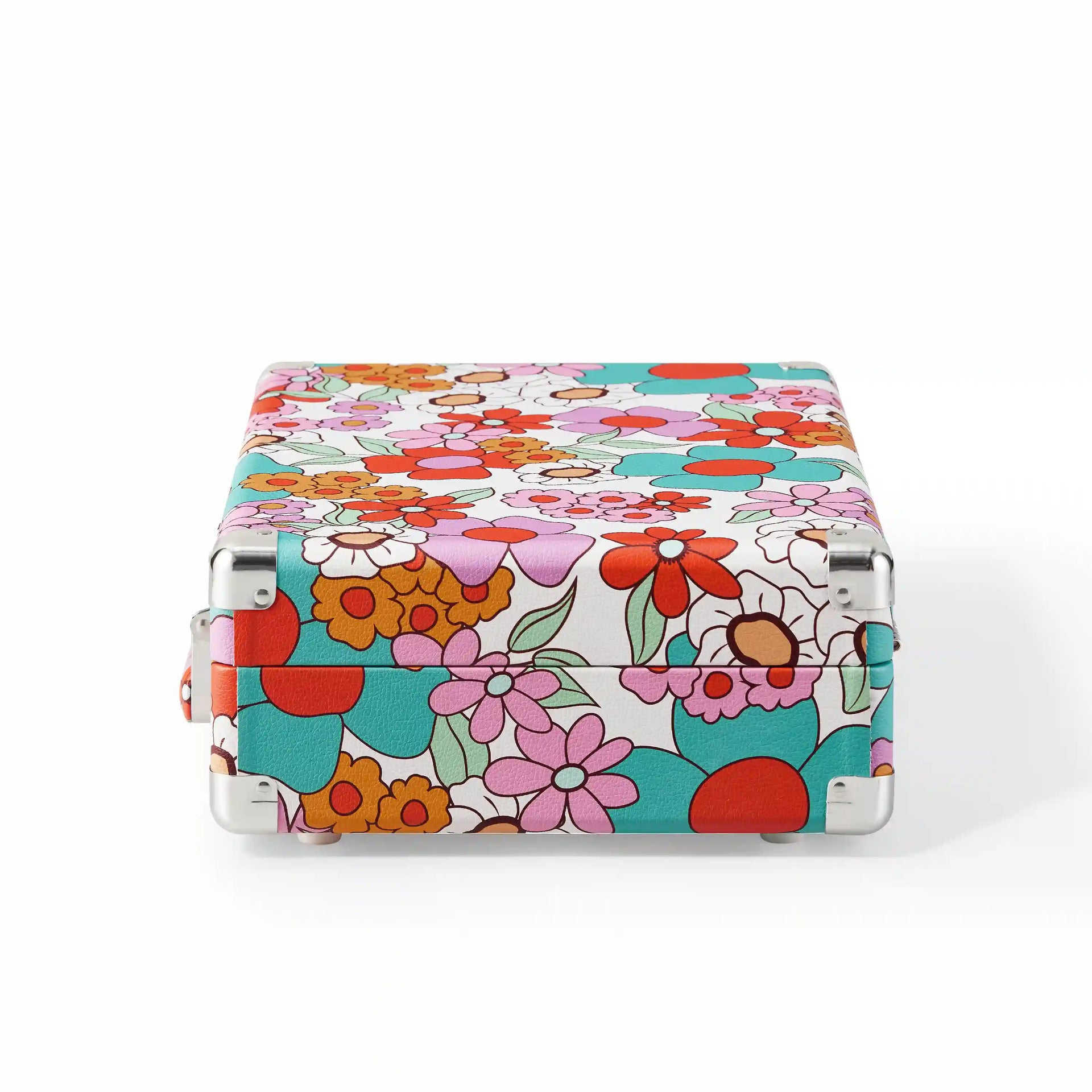 Crosley Cruiser Plus Bluetooth record player in floral pattern, shown from the side view