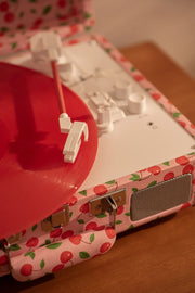 Crosley Cruiser Plus red Bluetooth record player, detail view showing turntable and controls