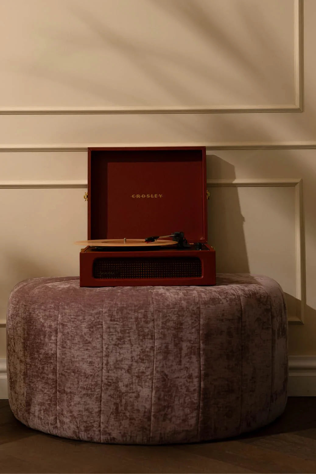Crosley Voyager Bluetooth Record Player in burgundy, lifestye